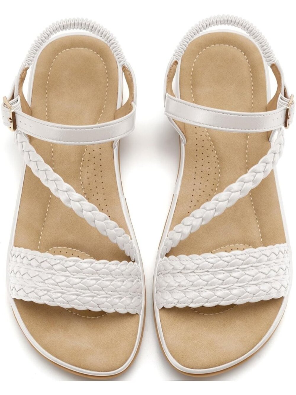 Women's White Leather Straps Flat Lightweight Sandals With Buckle Summer Shoes